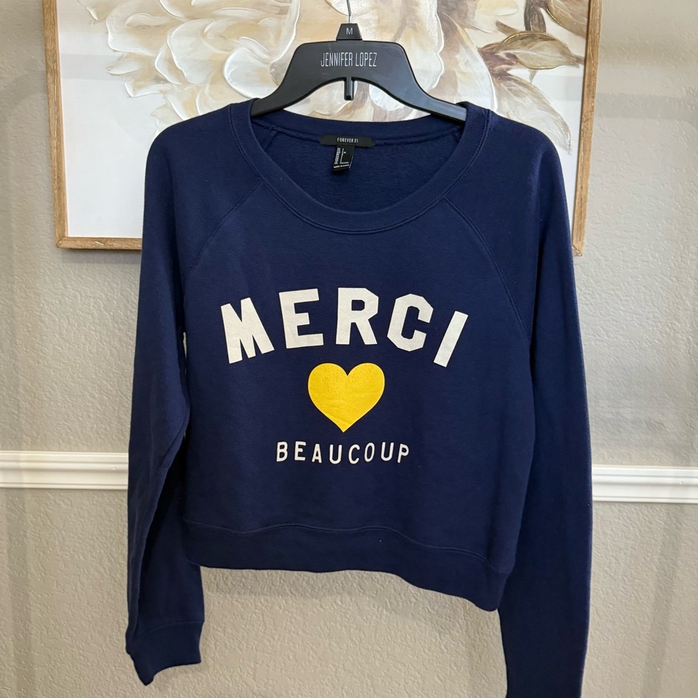 Forever 21 Navy and Yellow Merci Beaucoup Sweatshirt